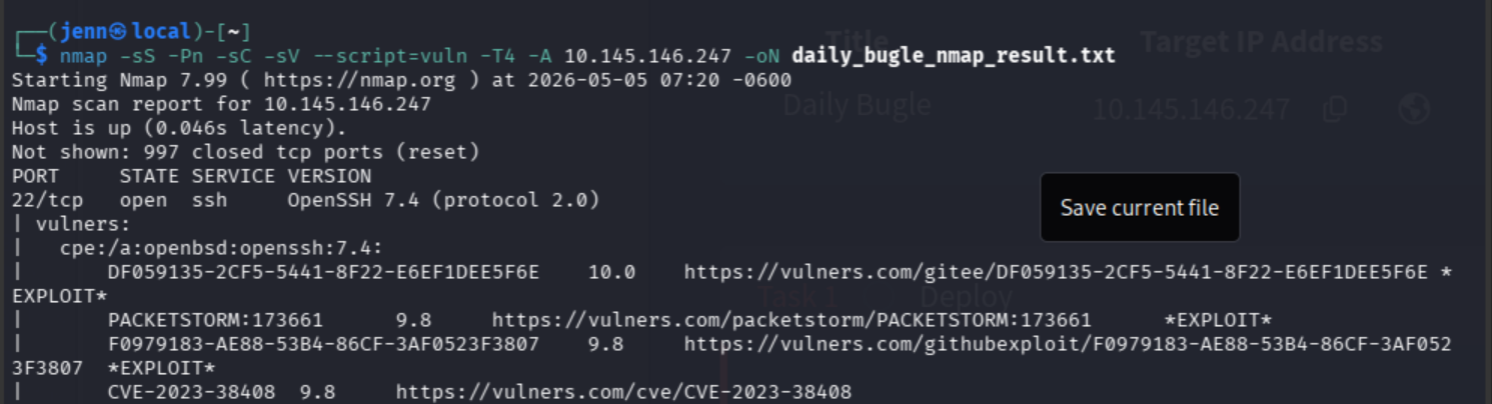 nmap vuln scan output highlighting Joomla vulnerability and spider-man URL path